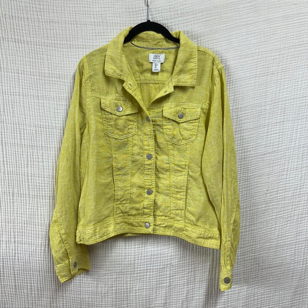 JNY chartreuse 100% linen utility jacket button front lightweight womens SZ Lg